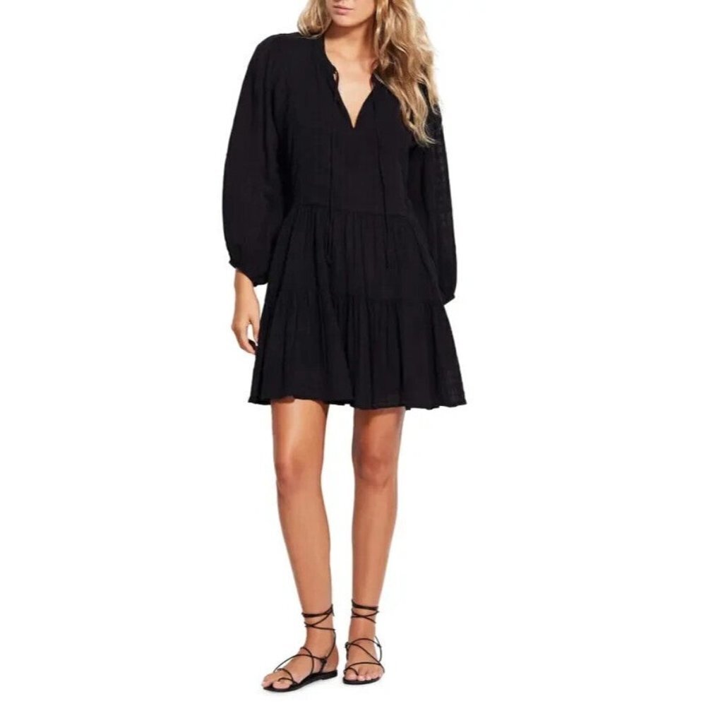 Seafolly Australia Drifter Tiered V-Neck Front Tie‎ Dress Black Size L NWT